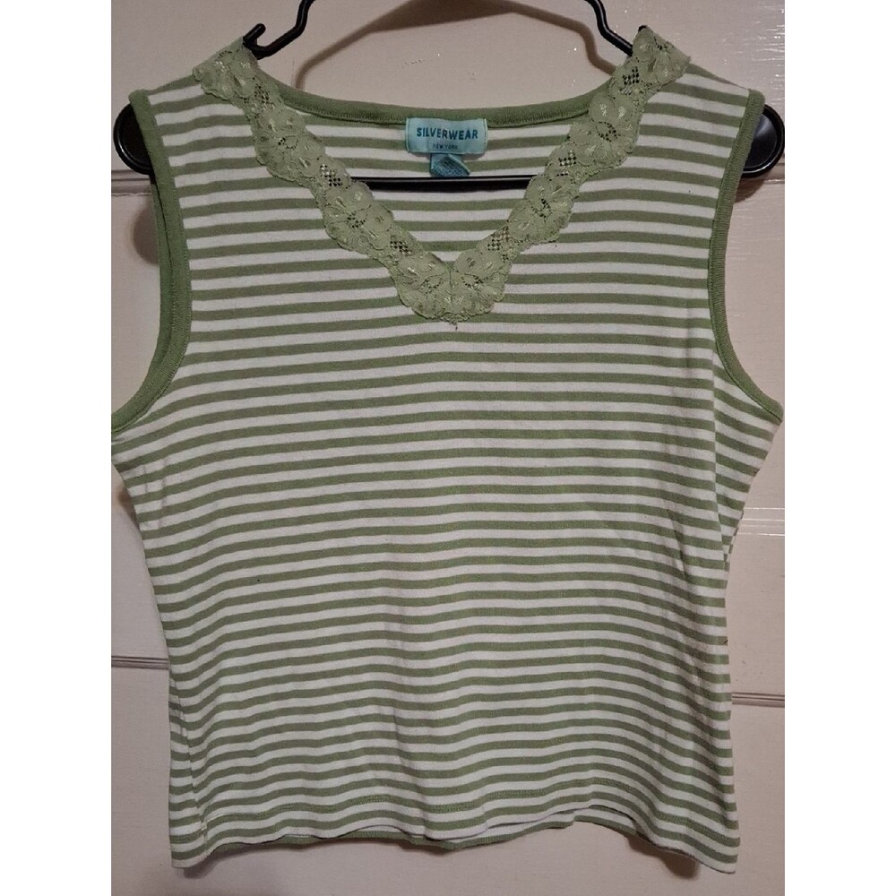 Silver Jeans Green and White Striped Lace-Trim Sleeveless Top (Mis102)
